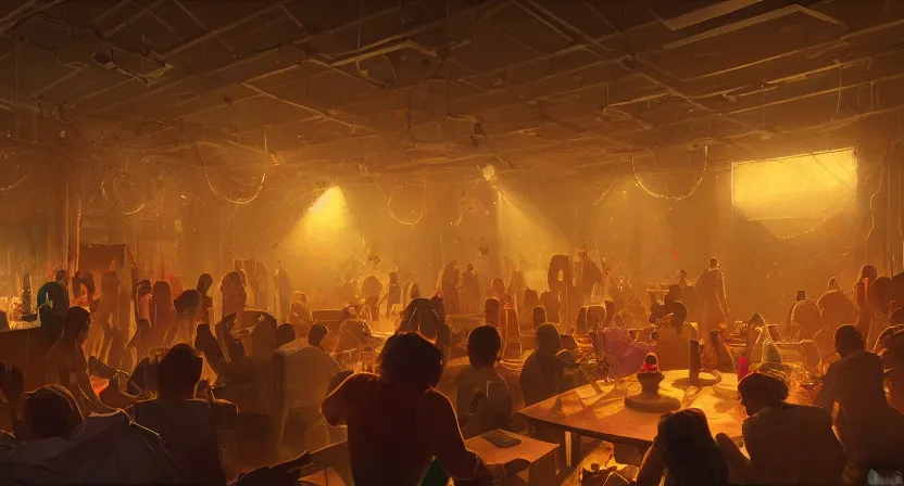 Image similar to a party. art by salman toor. global illumination, radiant light, detailed and intricate environment, atmospheric light, cinematic, trending on artstation