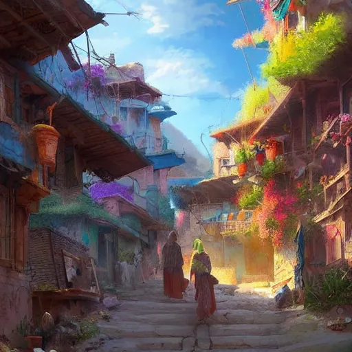 Image similar to colorful Kurdish village, anime, a fantasy digital painting by Greg Rutkowski and James Gurney, trending on Artstation, highly detailed