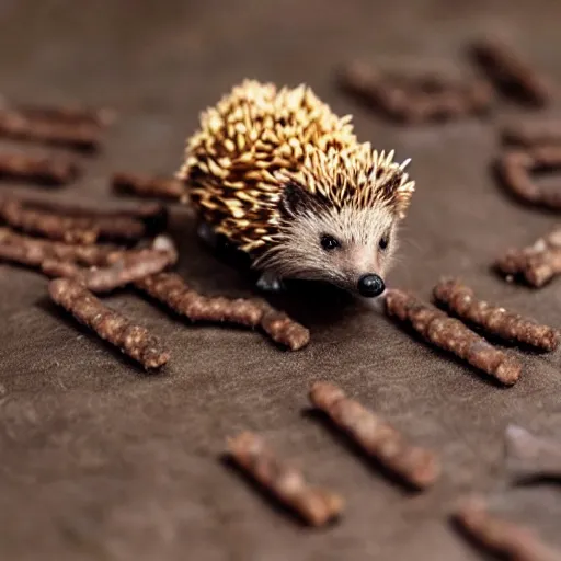 Prompt: A hedgehog made out of ground beef and pretzel sticks.