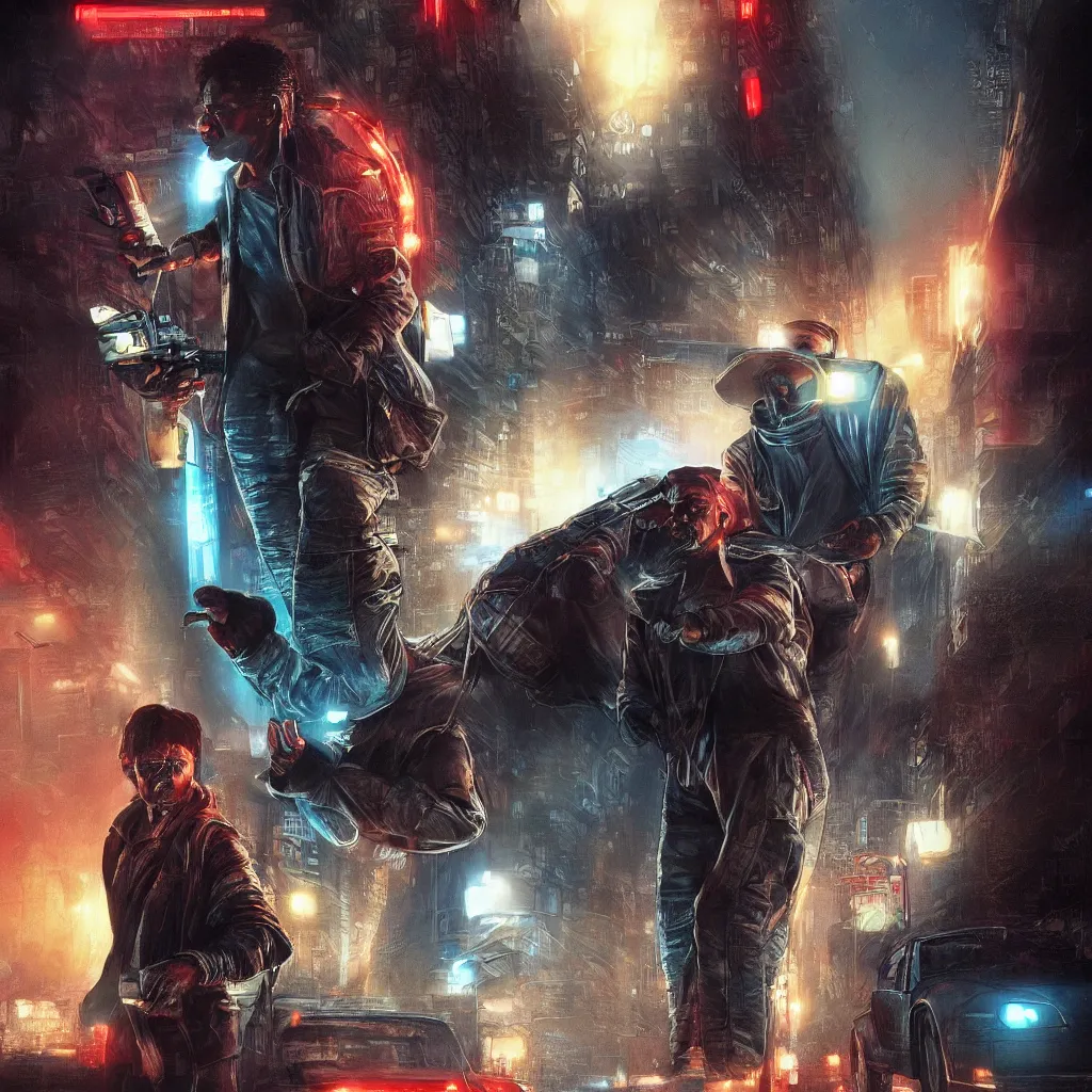 Image similar to marty mcfly and predator in a city blade runner style, photorealistic