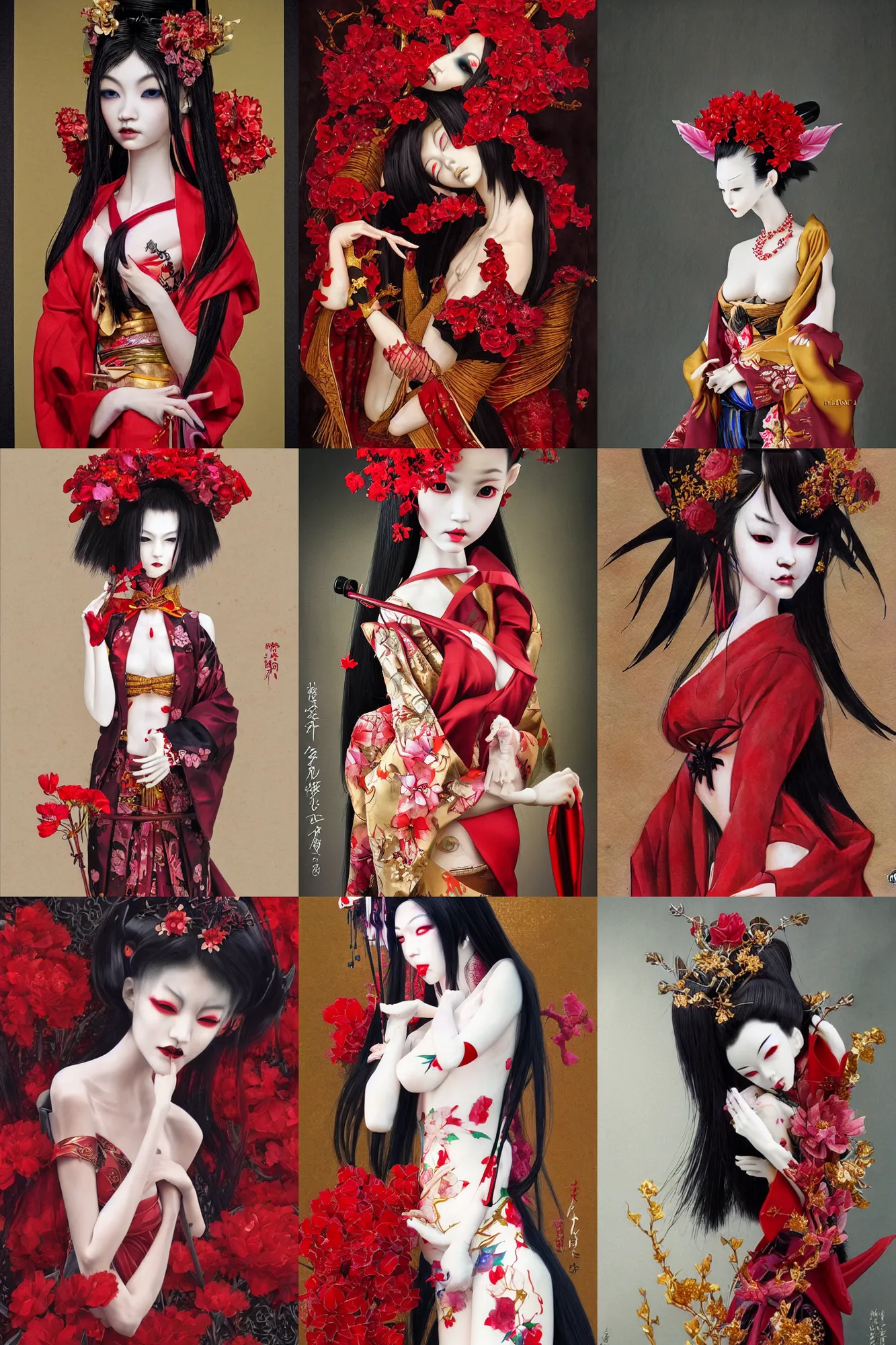 Prompt: watercolor painting of a japanese bjd geisha vampire with a long neck by hajime sorayama, irakli nadar, amy sol, in an epic dark - fantasy background, red, gold flowers, black, surrealism, artgerm