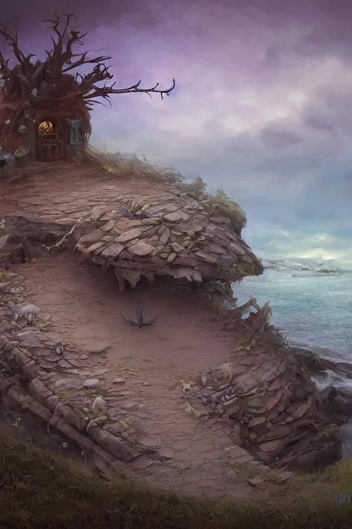 Image similar to wide angle view, a beautiful digital painting of a fairy house made of sand and driftwood on a beautiful coastline, tranquil day, magical, by greg rutkowski, brian froud, marc simonetti, jean - baptiste monge, symmetry, complementary colors, ink illustration, trending on artstation