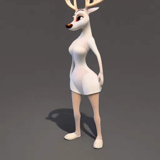 Image similar to portrait, 3 d render, tall, slightly fat, anthropomorphic female deer, wearing along white dress, in the style of zootopia,