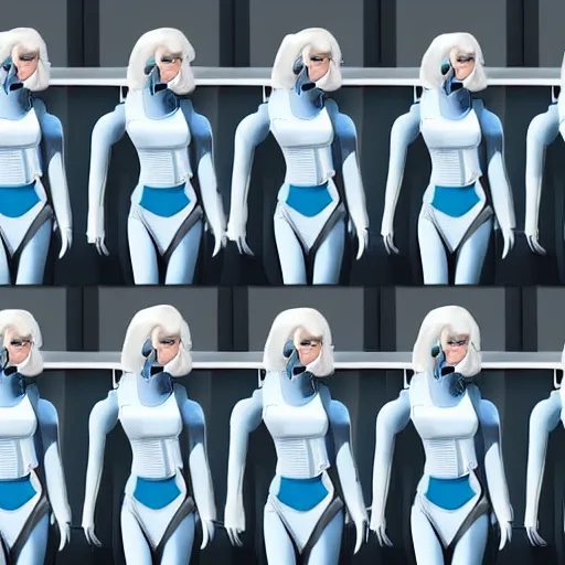 Prompt: troop of cloned women with white bob hairdos, tight light blue space trooper suits, futuristic cloning facility, sci - fi, highly detailed, cinematic