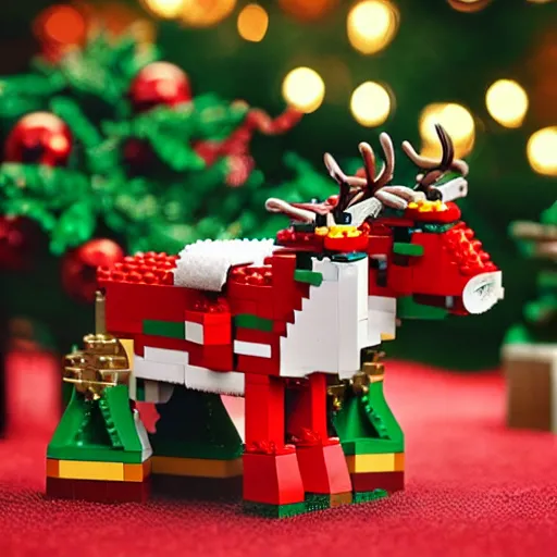 Image similar to lego reindeers, santa, christmas tree, 4k, photo realistic,