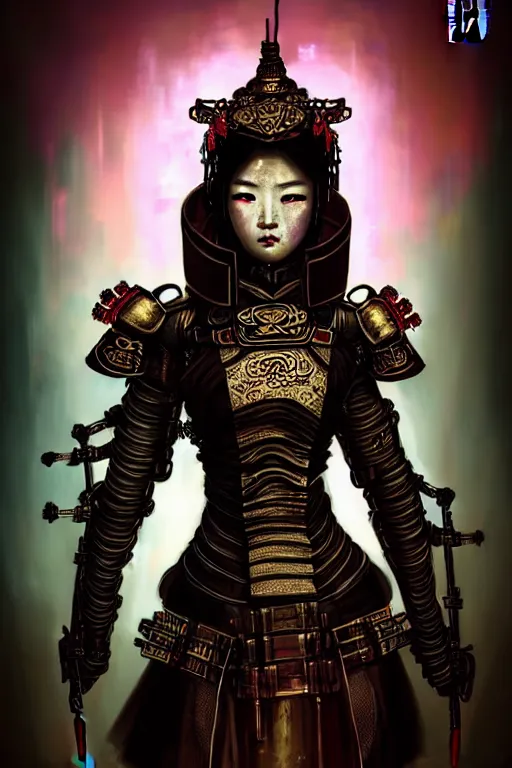 Image similar to beautiful and divine and luxury and evil and dieselpunklpunk three kingdom chinese female armor knight portrait+smoky eyes, ssci-fi, fantasy, neon light, inside the chinese temple, art and illustration by tian zi and craig mullins and WLOP and alphonse mucha, fantasy, intricate complexity, human structure, human anatomy, fantasy character concept, watermark, blurry, hyperrealism 8k