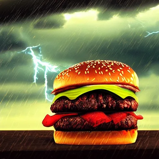 Prompt: a demonic burger, oil painting, thunderstorm, raindrops, cinematic, unreal engine