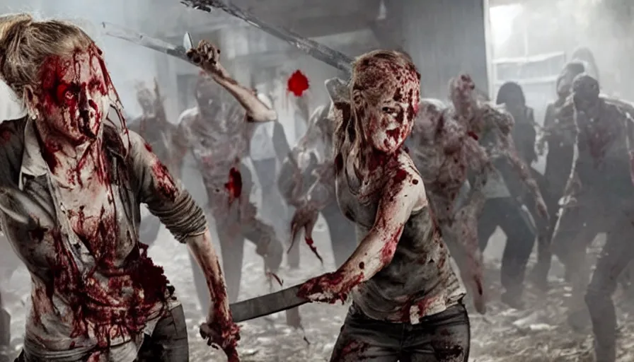 Image similar to full - body action shot of a well - armed female with tattered, blood - soaked clothing, using a sword to fight a horde of the walking dead, in the style of ready player one