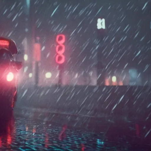 Prompt: of Captain Falcon under the rain in the movie Blade Runner, cinematic lighting, 4k