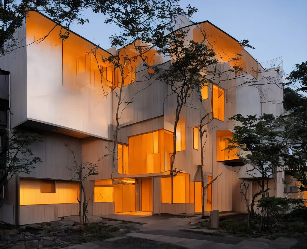 Prompt: photo of the exterior of a japanese modern house with open lit doorways, dramatic lighting, smoke, ceiling fluorescent lighting, black and orange colour palette