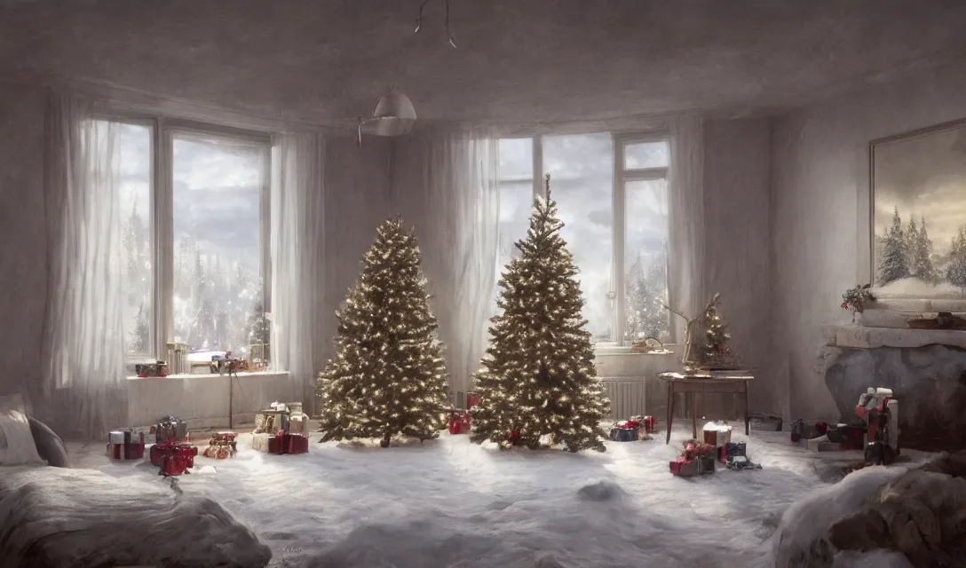 Image similar to a christmas eve in a beautiful home, photorealistic landscape painting on the wall, ascher clemens, home, interior, octane render, deviantart, greg rutkowski, cinematic, key art, hyperrealism, canon eos c 3 0 0, ƒ 1. 8, 3 5 mm, 8 k, medium - format print