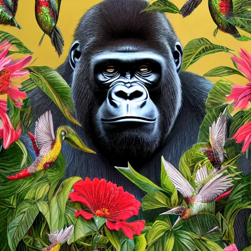 Image similar to half - length portrait of a gorilla surrounded by hummingbirds and fine floral ornaments, eye - level medium - angle shot, intricate, floral background, by esao andrews, by m. w. kaluta, by yoshita amano, intricate, symmetrical, natural lighting, smooth, 3 d octane render, depth perception, 4 k,, artstation