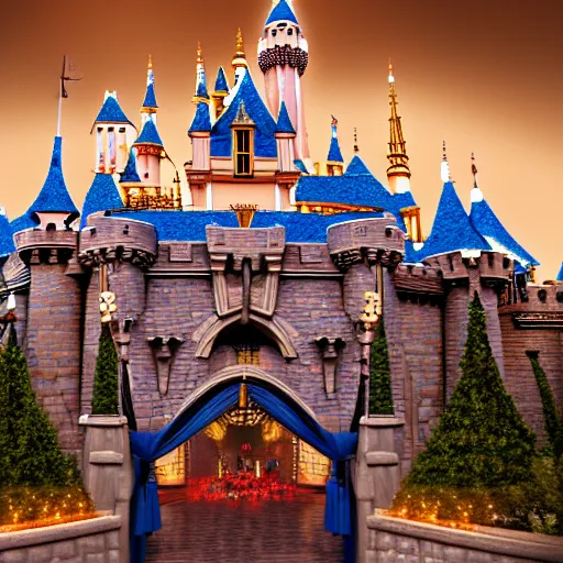 Image similar to the disneyland castle on fire, highly detailed, 8 k resolution, ultra realistic