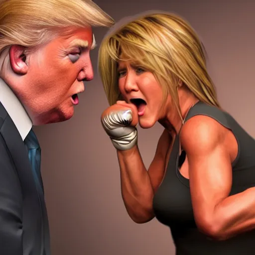 Image similar to photorealistic jennifer aniston punching donald trump. hyperdetailed photorealism, 1 0 8 megapixels, amazing depth, high resolution, 3 d shading, 3 d finalrender, 3 d cinematic lighting, glowing rich colors, psychedelic overtones, artstation concept art.