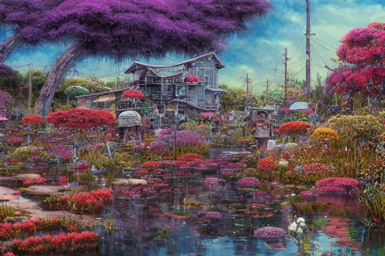 Image similar to oil painting, super - detailed scene spirited away, twilight junkyard, louisiana swamps, indigo blooming flowers garden, japanese sci - fi books art, artwork by jean giraud, hd, 4 k, high quality