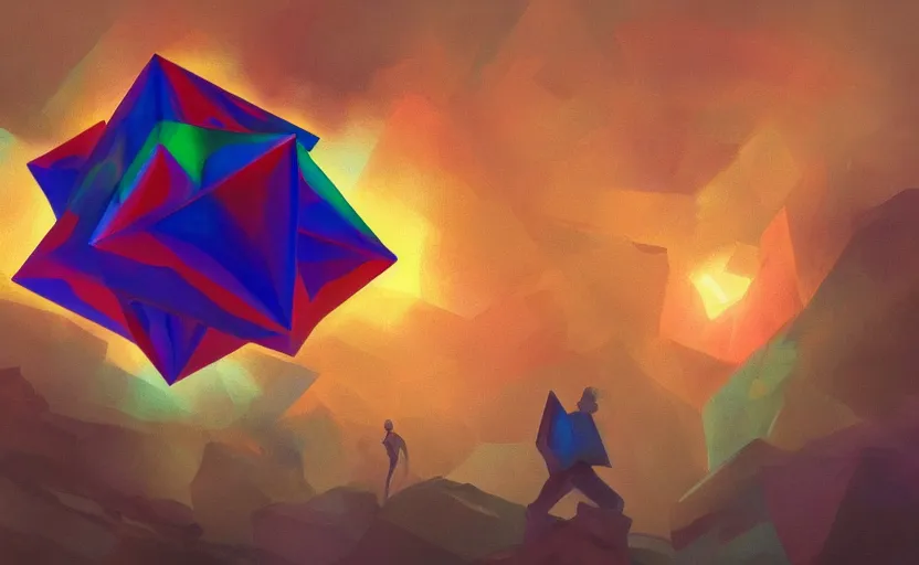 Image similar to a painting of a sierpinski icosahedron trending on artstation in the style of greg rutkowski, 3 d, fractal, 4 d, endless, rainbow, geometric