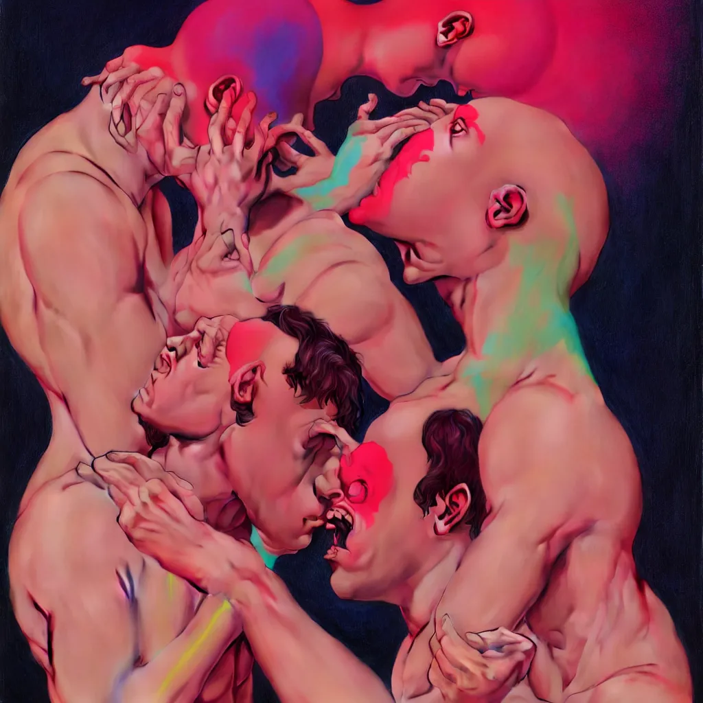 Image similar to weird and disturbing portrait of scared todd solondz kissing himself, full body, thong, wide open eyes. vivid colors, neon, art by ( ( ( kuvshinov ilya ) ) ) and wayne barlowe and francis bacon and artgerm and wlop and william - adolphe bouguereau