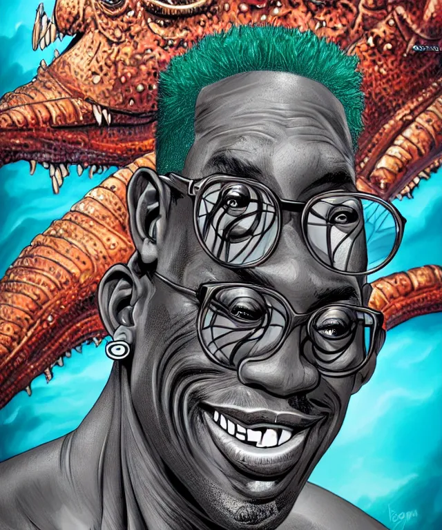 Image similar to fantasy comic style portrait of dennis rodman as a sea monster, digital illustration by ken taylor and sana takeda, hd, 4 k, intricate, highly detailed!!, character design, cover art, award winning