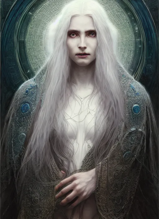 Image similar to immortal majestic elven sorceress wearing a cloak, long beautiful strands of pale white hair, engraving, concept art, elden ring, illustration, smooth, sharp focus, by gustave dore and greg rutkowski, hyper realistic face, piercing beautiful eyes, fantasy art, in the style of midjourney, intricate, alphonse mucha, hyper detailed