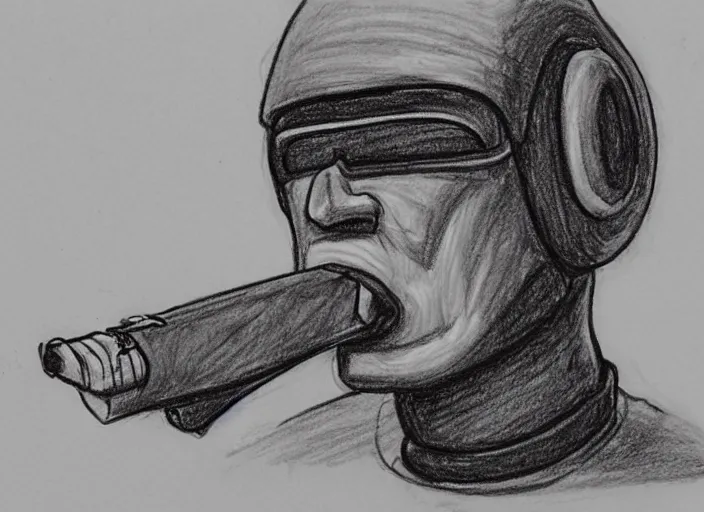 Image similar to drawing, scribble, sketch of a robot sci - fi war lord smoking cigar