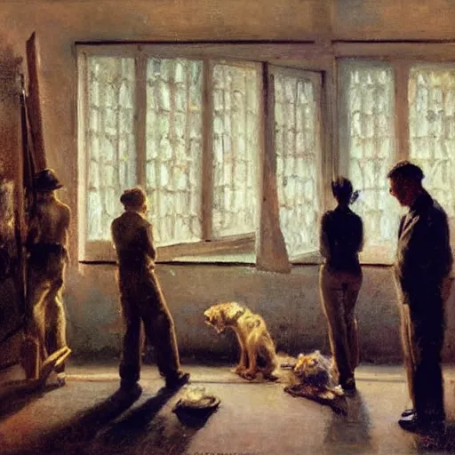 Image similar to by gerald harvey jones daring. a group of people in a dark room. the only source of light is a small window in the corner. the people are all looking at something outside of the mixed mediart.