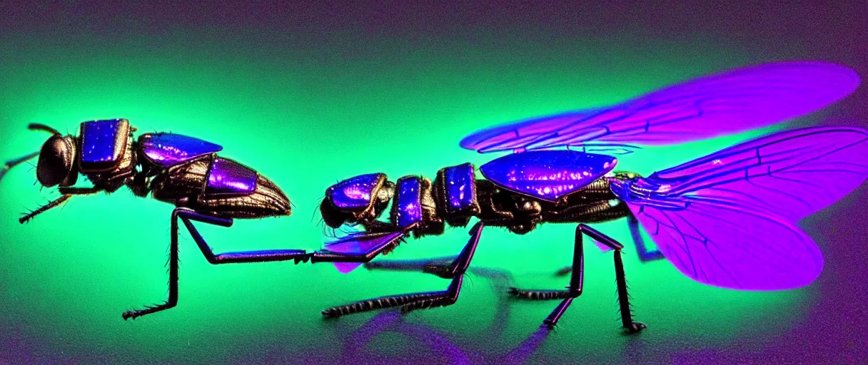 Image similar to high quality photo glowy iridescent mutant fly! jeweled very beautiful! highly detailed digital art david ligare elson peter cinematic purple neon lighting high quality low angle hd 8k sharp shallow depth of field