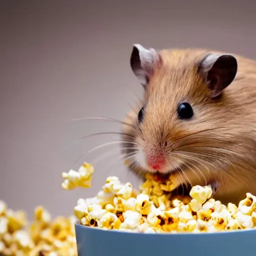 Image similar to photo of a hamster eating popcorn from a bucket of popcorn, various poses, unedited, soft light, sharp focus, 8 k