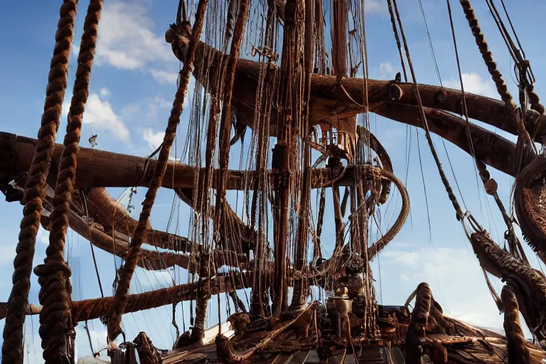 Prompt: product shot kraken rum on an old pirate ship, giant tentacle by emmanuel lubezki