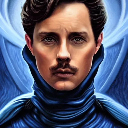 Prompt: realistic paul atreides emperor of the known universe, perfect dramatic and dark portrait by rabbitary b, trending on artstation, deviantart, dune, low angle oil painting and composition laws, dark foggy background, masculine man with thin lines on the face, medium - long curly brown hair, completely blue eyes, denis villeneuve cinematography