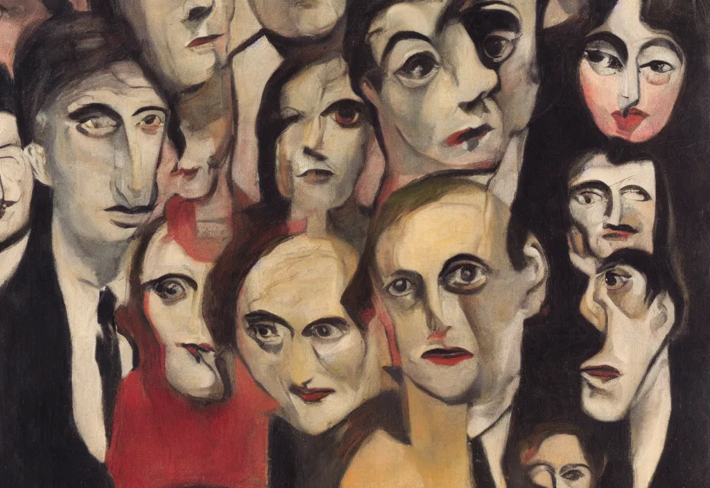 Prompt: group of people pictured in afternoon light, close - up of the faces, surrealist oil painting by francis bacon, dora maar and malcolm liepke, detailed