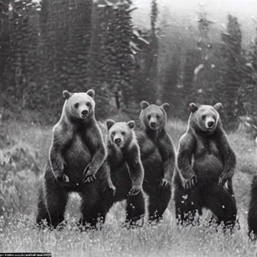 Prompt: “ a group of grizzly bears wearing full samurai armour in the forest, 1 9 0 0 ’ s photo ”