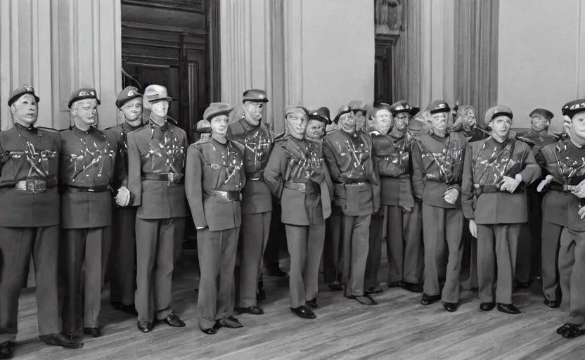 Image similar to 50s movie still of very diverse one general one officers one marshal with very detailed faces in a stalinist parlement, by Alexei Guerman, Cinestill 800t 35mm black and white, heavy grainy picture, very detailed, high quality, 4k, HD criterion, precise texture, diverse faces, diverse haircuts, diverse ages, each faces precisely define