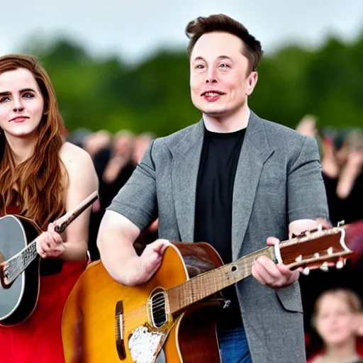 Prompt: elon musk & emma watson performing at woodstock