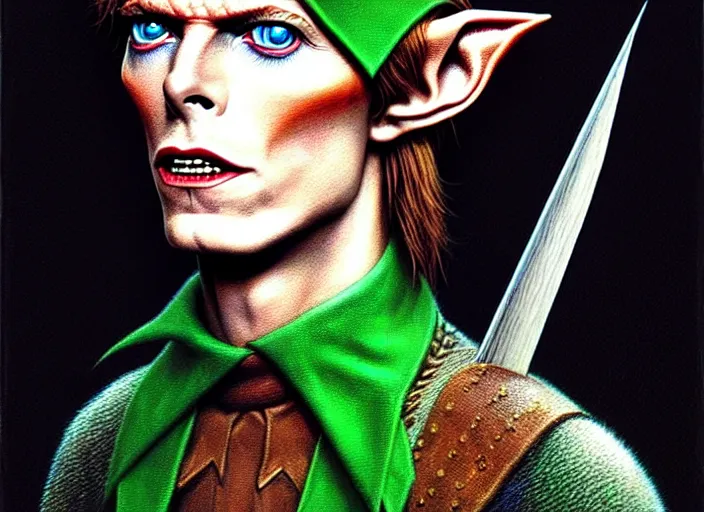 Image similar to portrait shot of young david bowie as link the elf in zelda 1 9 8 0, intricate, elegant, highly detailed, centered, digital painting, artstation, concept art, smooth, sharp focus, illustration, artgerm, tomasz alen kopera, peter mohrbacher, donato giancola, joseph christian leyendecker, wlop, boris vallejo