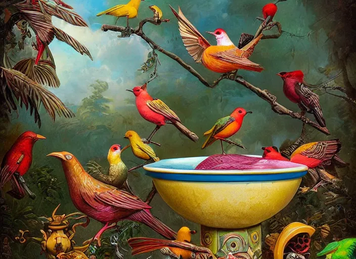 Prompt: colorful birds at the bird bath, lowbrow, matte painting, 3 - d highly detailed, style of greg simkins r,