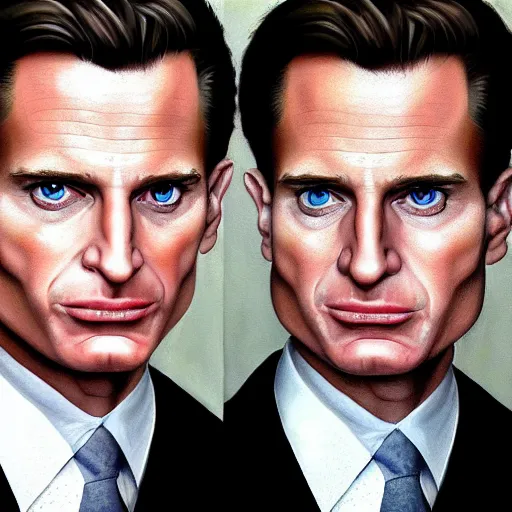 Image similar to Caricature portraits done of Patrick Bateman, realistic, hyperrealistic, very realistic, highly detailed, very detailed, extremely detailed, detailed, oil painting, digital art, trending on artstation