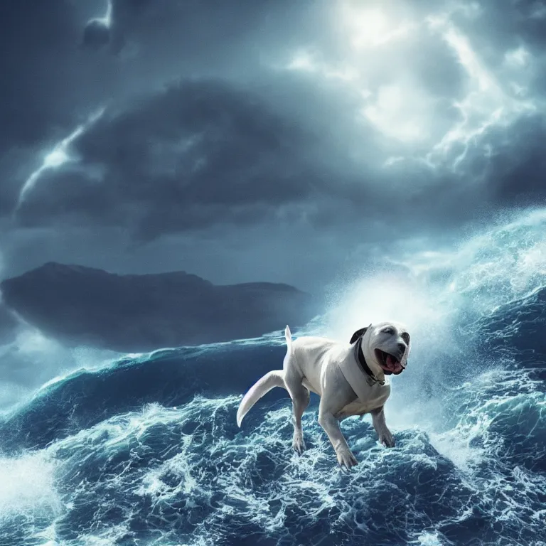 Image similar to photo of a dark gray white coat pit bull with a white paws, surfing on a surfboard in a crashing wave of alien ocean in space, background is an alien galaxy, aliens in the background, alien colors, octane render, unreal engine, wide view, 8 k, high detaild