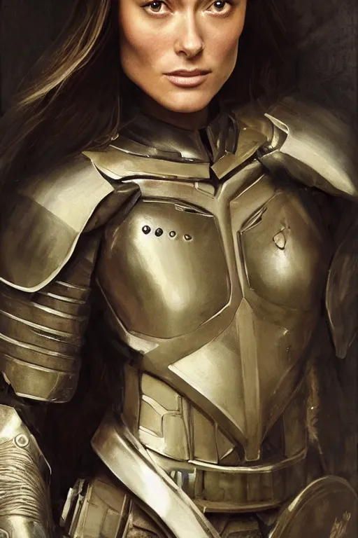 Prompt: a professional painting of a young Olivia Wilde, clothed in military armor, olive skin, long dark hair, beautiful bone structure, symmetrical facial features, intricate, elegant, digital painting, concept art, smooth, sharp focus, illustration, from Star Wars by Ruan Jia and Mandy Jurgens and Artgerm and William-Adolphe Bouguerea