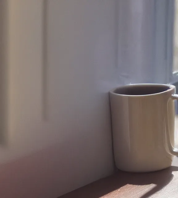 Prompt: a 4 k photorealistic photo close up of a mug on a sunny windowsill.