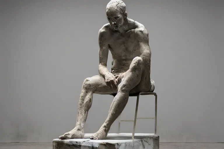 Image similar to a sculpture of a person sitting on top of a chair, a marble sculpture by nicola samori, behance, neo - expressionism, marble sculpture, apocalypse art, made of mist