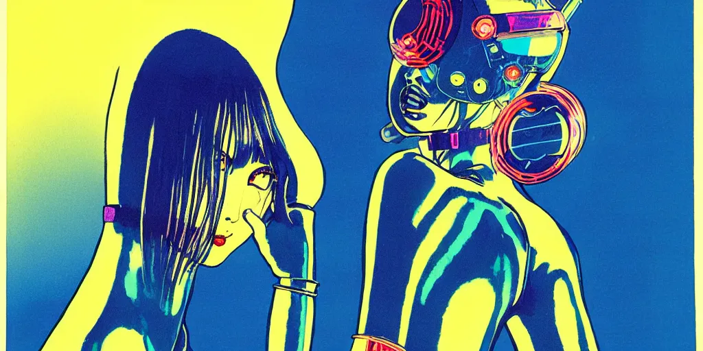 Prompt: a close - up grainy risograph painting of cyberpunk japanese model girl with black eyes and pretty face wearing latex catsuit and lots of transparent and cellophane accessories, blue hour, twilight, by moebius and jack gaughan and lehr paul