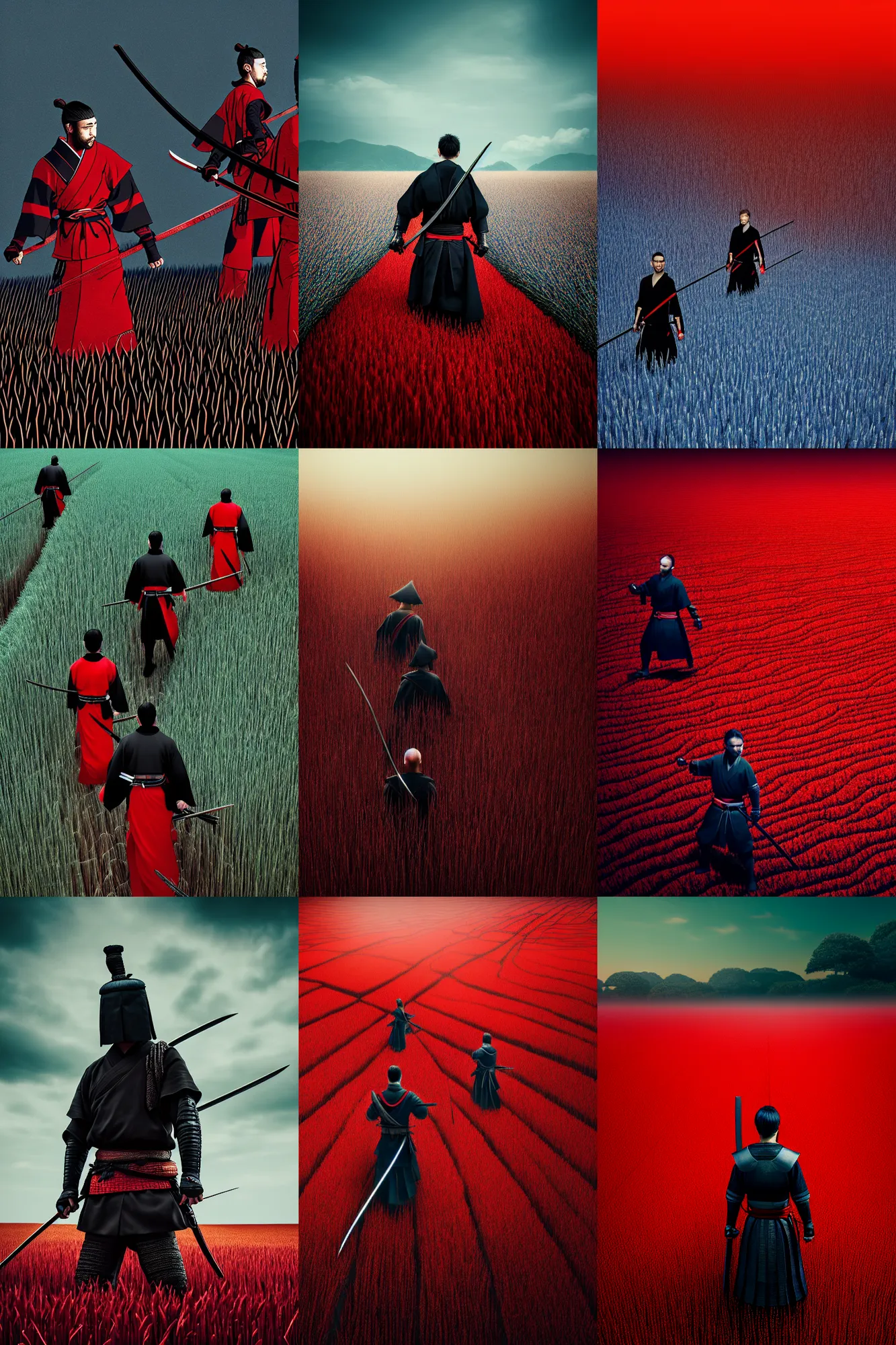 Prompt: illustration cinematic seven ronins armed with katanas walking through field of rice, medieval japan, red and black colors, highly detailed digital art masterpiece, smooth vitaly bulgarov eric zener dramatic blue light, ground angle uhd 8 k, sharp focus