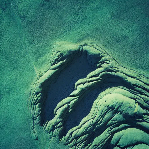 Image similar to An incredible matte photograph of an alien landscape taken from a satellite looking straight down, Nikon D5 Sigma 50–500mm lens, ambient occlusion, volumetric lighting, rtx ray tracing, unreal engine, psychedelic colors, by Vadim Sadovski artstation, Lighting by Charly Vanlaere artstation