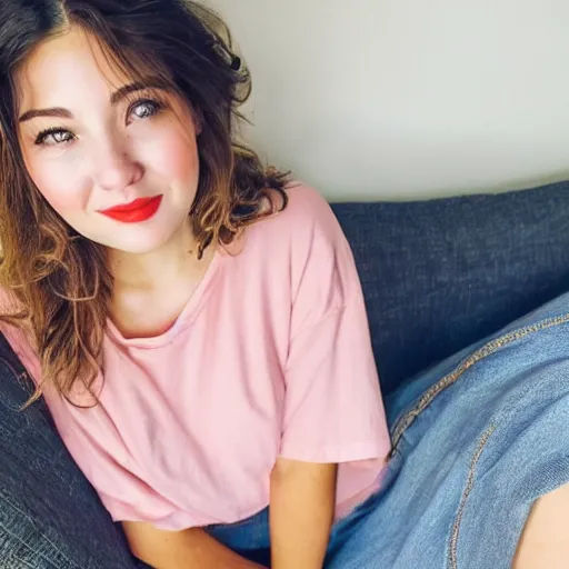 Image similar to selfie photograph of a cute young woman, red blush, wearing casual clothes, small smile, relaxing on a couch, cozy living room, medium shot, 8 k, trending on instagram, trending on pinterest, portra 4 0 0