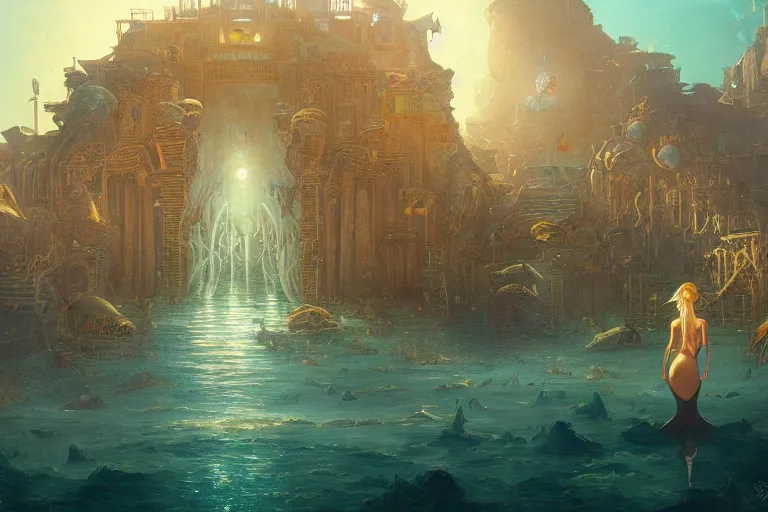 Image similar to a beautiful painting of the lost city of Atlantic city under water, ray of sunlight, mermaid in distance, Greg Rutkowski, Mohrbacher, blue and gold color scheme