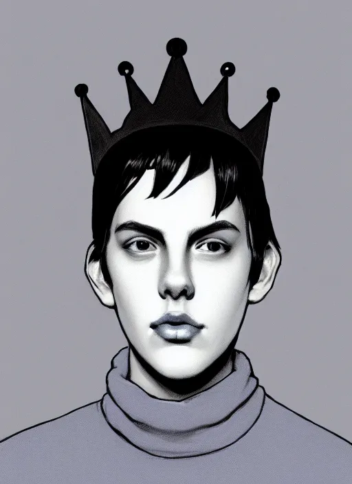 Image similar to portrait of teenage jughead jones wearing a light grey crown, crown, blue turtleneck, closed eyes, photorealistic, black hair, glowing lighting, intricate, elegant, glowing lights, highly detailed, digital painting, artstation, concept art, smooth, sharp focus, illustration, art by wlop, mars ravelo and greg rutkowski