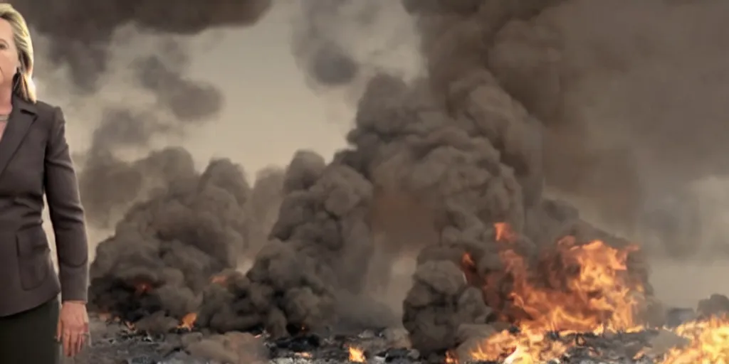 Image similar to movie still of hilary clinton fighting in libya, focused shot, realistic, smoke, fire, octane render