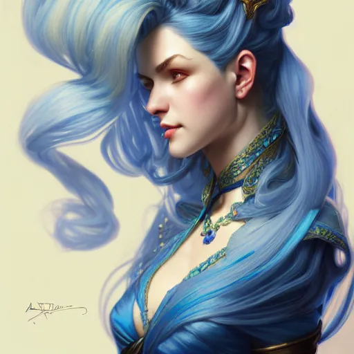 Image similar to aristocrat, female, d & d, fantasy, intricate, elegant, highly detailed, blue hair, digital painting, artstation, octane render, concept art, matte, sharp focus, illustration, hearthstone, art by artgerm, alphonse mucha johannes voss