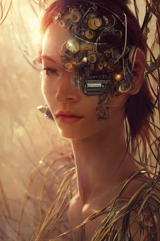 Image similar to stunningly beautiful, cyborg prima ballerina in jungle, symmetrical face, golden hour, smooth, focus, highly detailed, hyper realistic, dramatic lighting, elegant, intricate, concept art, art by wlop, mars ravelo, greg rutowski, artstation