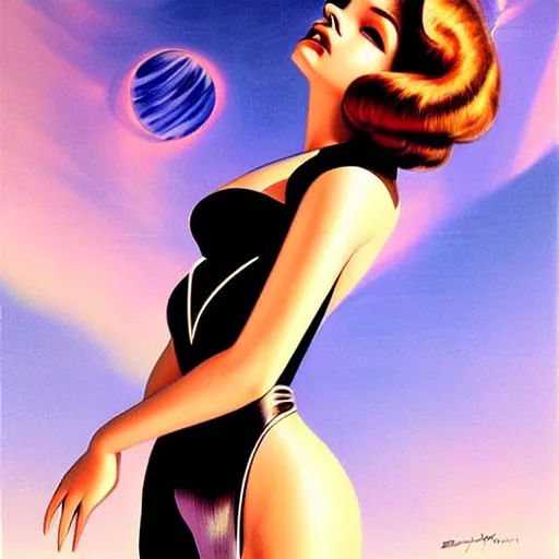 Image similar to traditional 1 9 5 0's barbara palvin in a futuristic space, blue sky art by peter lloyd, 1 9 8 0's art, airbrush style, art by hajime sorayama,, intricate, elegant, sharp focus, illustration, highly detailed, concept art